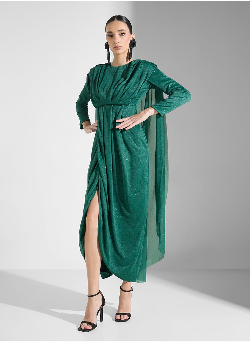Khizana - Dress With Shoulder Pleat & Back Cape - Image 1