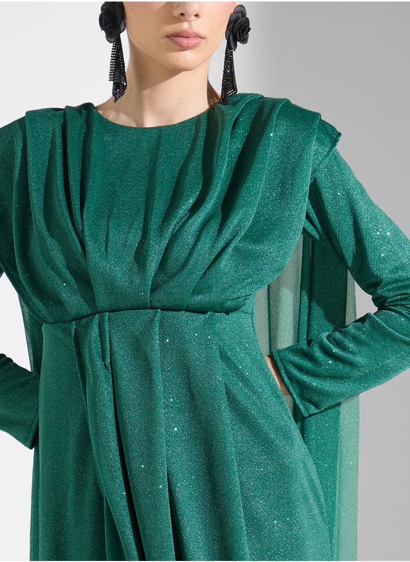 Khizana - Dress With Shoulder Pleat & Back Cape - Image 1