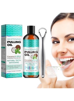 Whitening Pulling Oil with Tongue Scraper, Coconut Oil Pulling for Teeth and Gums Health, Fresh Breath, Teeth Whitening, Alcohol Free Natural Mouthwash with Virgin Coconut & Peppermint Oil