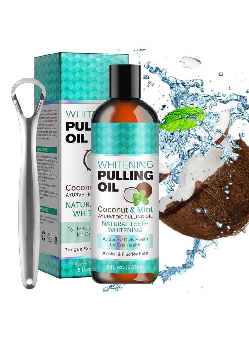 ORALHOE - Whitening Pulling Oil with Tongue Scraper, Coconut Oil Pulling for Teeth and Gums Health, Fresh Breath, Teeth Whitening, Alcohol Free Natural Mouthwash with Virgin Coconut & Peppermint Oil - Image 1