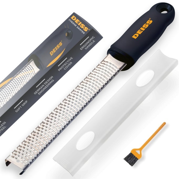 PRO CITRUS ZESTER CHEESE GRATER PARMESAN CHEESE LEMON GINGER GARLIC NUTMEG CHOCOLATE VEGETABLES FRUITS RAZORSHARP STAINLESS STEEL BLADE WIDE DISHWASHER SAFE BLACK