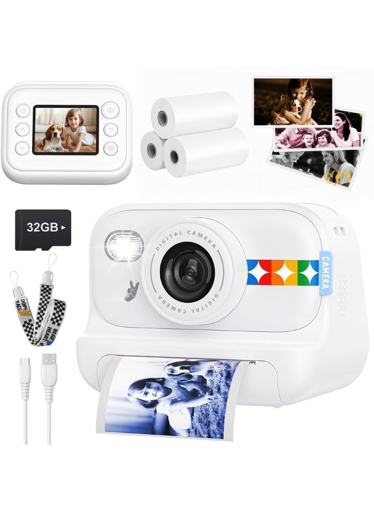 Lecran Instant Print Camera for Kids, 48MP Photos 1080P Digital Video Camera, 32GB Card White - Image 1