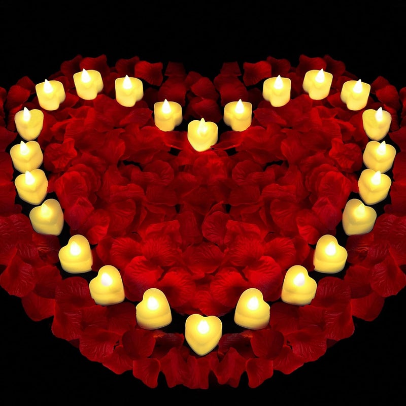 Childom Red Rose Petals Set, 1000 Pieces Artificial Rose Petals with 24 Pieces LED Tea Lights Candles,Rose Petals for Romantic Night for Her set, Proposal Decorations for Women, Wedding, Bedroom, Anniversary - Image 1