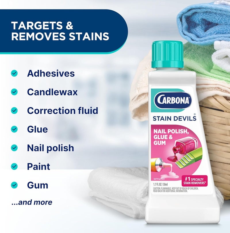 CARBONA Stain Devils Nail Polish Glue & Gum Stain Remover 50ml Powerful Fabric Cleaner for Removing Sticky Residue Adhesive Gum Nail Polish Marks from Clothes Upholstery & Carpets - Image 3