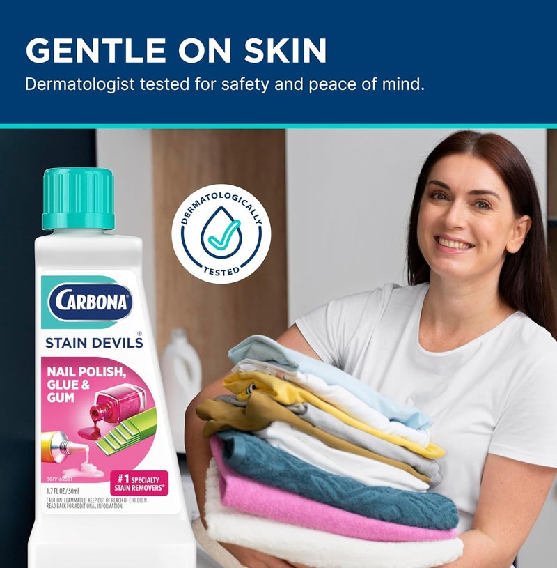 CARBONA Stain Devils Nail Polish Glue & Gum Stain Remover 50ml Powerful Fabric Cleaner for Removing Sticky Residue Adhesive Gum Nail Polish Marks from Clothes Upholstery & Carpets - Image 4