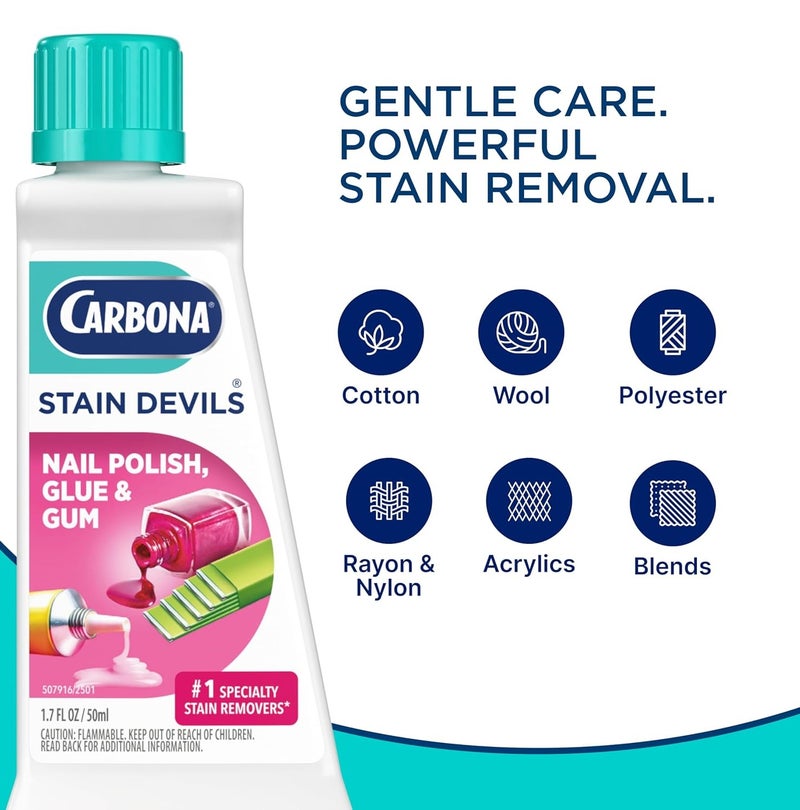 CARBONA Stain Devils Nail Polish Glue & Gum Stain Remover 50ml Powerful Fabric Cleaner for Removing Sticky Residue Adhesive Gum Nail Polish Marks from Clothes Upholstery & Carpets - Image 5