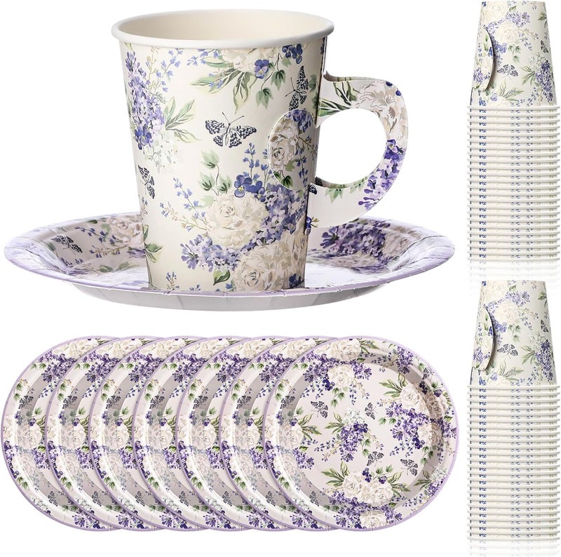 Rtteri 20 Set of 9oz Floral Tea Cups and Plates Purple Violet Peony Teacups with Handles and Saucers for Hot  Cold Drinks Good for Princess Birthday Weddings and Tea Party Decorations - Image 1