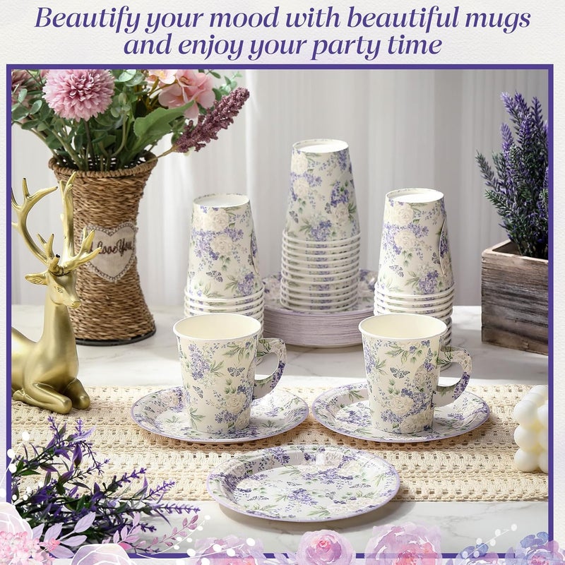 Rtteri 20 Set of 9oz Floral Tea Cups and Plates Purple Violet Peony Teacups with Handles and Saucers for Hot  Cold Drinks Good for Princess Birthday Weddings and Tea Party Decorations - Image 3