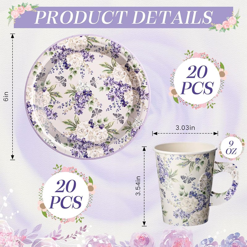 Rtteri 20 Set of 9oz Floral Tea Cups and Plates Purple Violet Peony Teacups with Handles and Saucers for Hot  Cold Drinks Good for Princess Birthday Weddings and Tea Party Decorations - Image 2