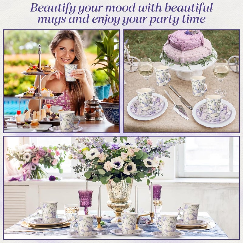 Rtteri 20 Set of 9oz Floral Tea Cups and Plates Purple Violet Peony Teacups with Handles and Saucers for Hot  Cold Drinks Good for Princess Birthday Weddings and Tea Party Decorations - Image 5