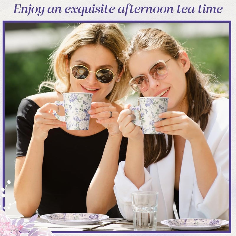 Rtteri 20 Set of 9oz Floral Tea Cups and Plates Purple Violet Peony Teacups with Handles and Saucers for Hot  Cold Drinks Good for Princess Birthday Weddings and Tea Party Decorations - Image 4