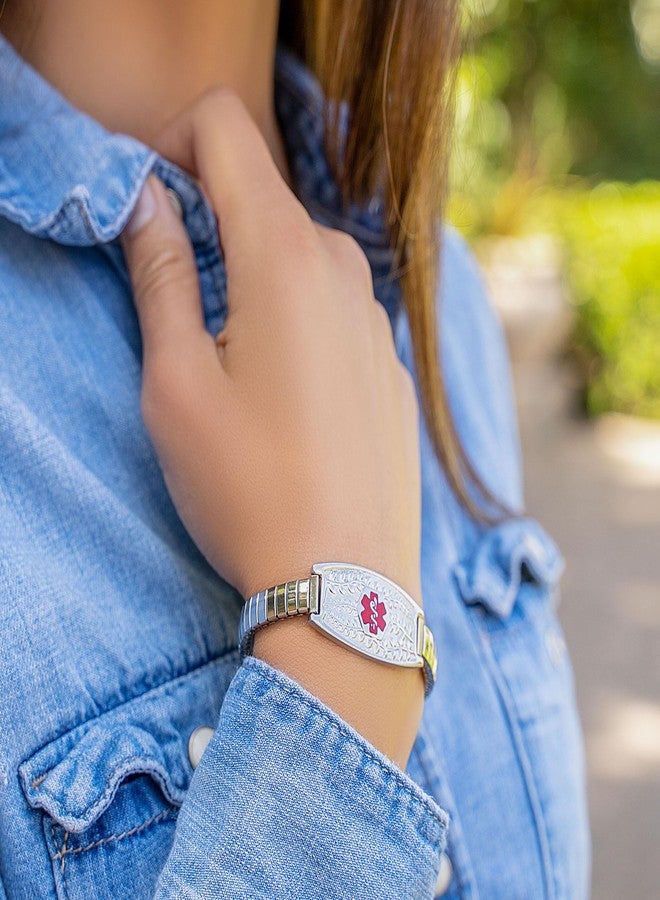 Divoti Olive Stretch Medical Alert Bracelet - Custom Engraved Stainless Steel ID Tag - Hypoallergenic, No Clasp, Slip-On Style - Fits 6.2-7.8" Wrists - Stylish & Comfortable - PVD G/Transparent Red - Image 4