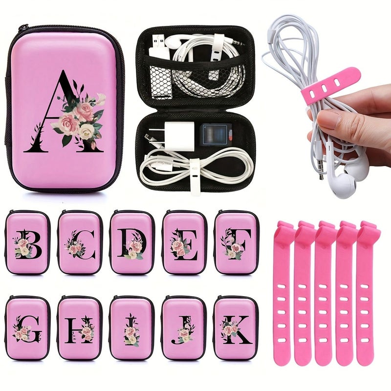 Pink EVA Organizer Bag 6pcs Set With Letter S For Cables Chargers Earbuds Digital Storage - Image 1