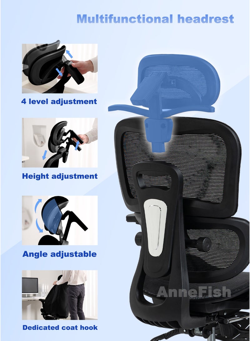 AnneFish Ergonomic Mesh Office Chair with Footrest and Adjustable Lumbar Support Adjustable Height High Back Reclining Chair Adjustable Armrests Executive Desk Chair Home Office Chair Comfortable Computer Gaming Chair With Silent Swivel Wheels - Image 5