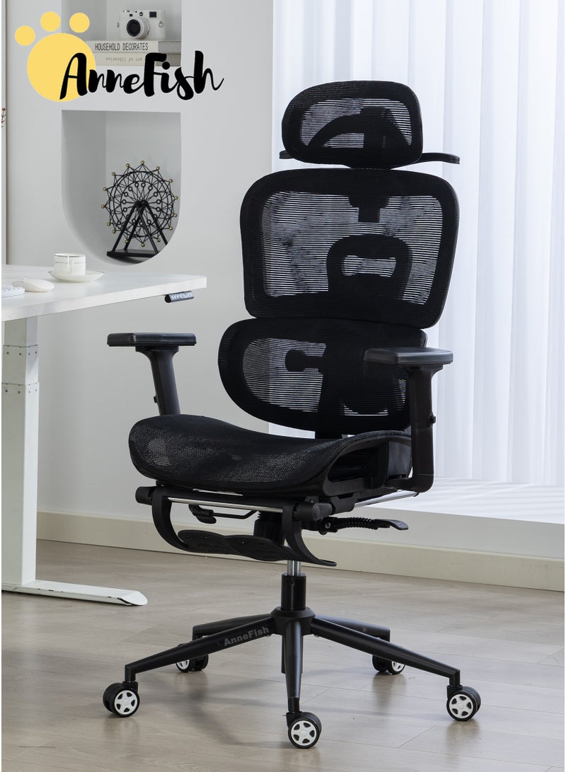 AnneFish Ergonomic Mesh Office Chair with Footrest and Adjustable Lumbar Support Adjustable Height High Back Reclining Chair Adjustable Armrests Executive Desk Chair Home Office Chair Comfortable Computer Gaming Chair With Silent Swivel Wheels - Image 1