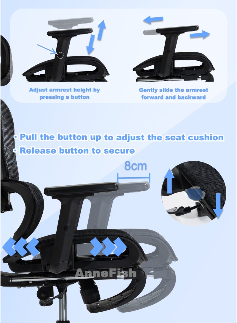 AnneFish Ergonomic Mesh Office Chair with Footrest and Adjustable Lumbar Support Adjustable Height High Back Reclining Chair Adjustable Armrests Executive Desk Chair Home Office Chair Comfortable Computer Gaming Chair With Silent Swivel Wheels - Image 4
