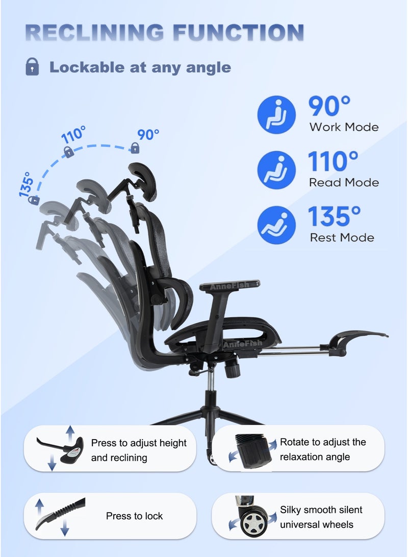 AnneFish Ergonomic Mesh Office Chair with Footrest and Adjustable Lumbar Support Adjustable Height High Back Reclining Chair Adjustable Armrests Executive Desk Chair Home Office Chair Comfortable Computer Gaming Chair With Silent Swivel Wheels - Image 3