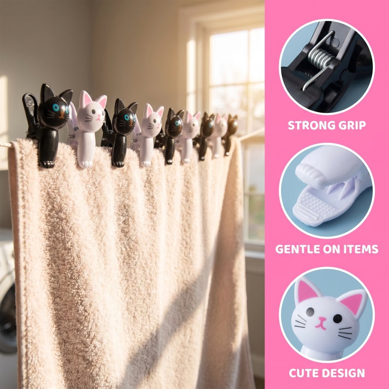 Windproof Clothes Clips Cartoon Cat Shaped Indoor Use Black 16Pcs - Image 3