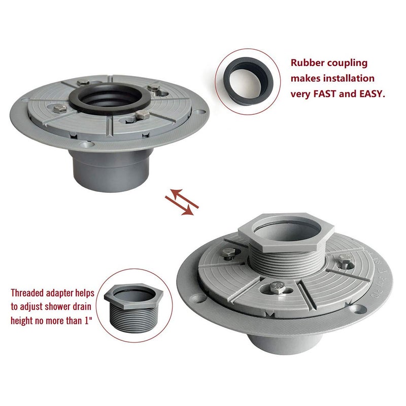 Neodrain PVC Shower Drain Base Kit Include 2â€œ PVC Shower Drain Base Flange, Threaded Adjustable Adaptor and Rubber Coupler Gasket for Square&Linear Draind Installation - Image 3