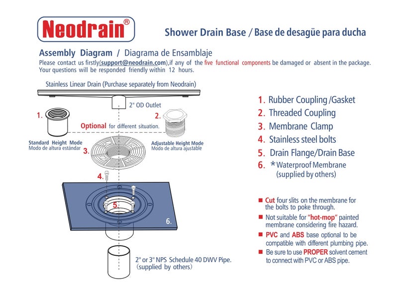 Neodrain PVC Shower Drain Base Kit Include 2â€œ PVC Shower Drain Base Flange, Threaded Adjustable Adaptor and Rubber Coupler Gasket for Square&Linear Draind Installation - Image 5
