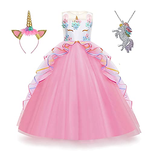 Yipkorra Unicorn Dress for Girls - Unicorn Costume Pageant Princess Party Long Gown with Headband & Necklace (Pink, 170 11-12 Years) - Image 1