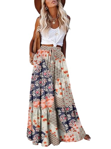 onlypuff Maxi Skirt for Women Boho Western Skirts High Waist Long Skirt with Pockets Fall Festival Outfits Clothing SpliceOrange L - Image 1