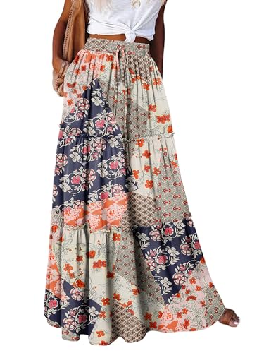 onlypuff Maxi Skirt for Women Boho Western Skirts High Waist Long Skirt with Pockets Fall Festival Outfits Clothing SpliceOrange L - Image 2