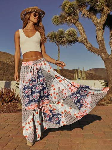 onlypuff Maxi Skirt for Women Boho Western Skirts High Waist Long Skirt with Pockets Fall Festival Outfits Clothing SpliceOrange L - Image 3