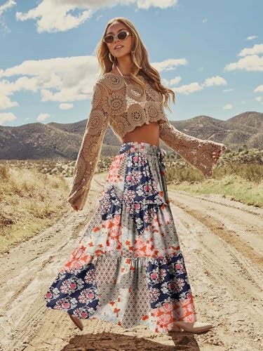 onlypuff Maxi Skirt for Women Boho Western Skirts High Waist Long Skirt with Pockets Fall Festival Outfits Clothing SpliceOrange L - Image 4