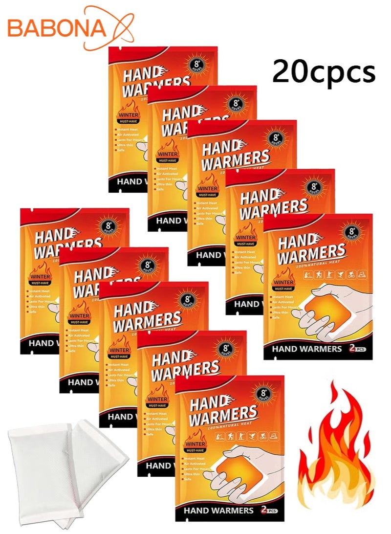 BABONA 20 PcsAir-Activated Disposable Hand Warmers, 8 Hours Heating, Unique Design Reacts with Air Creating a Safe and Long Lasting Hand Warmer, for Body, Hands & Toes - Odorless Hot Hand Warmer for Winter Outdoor Activities - Image 1