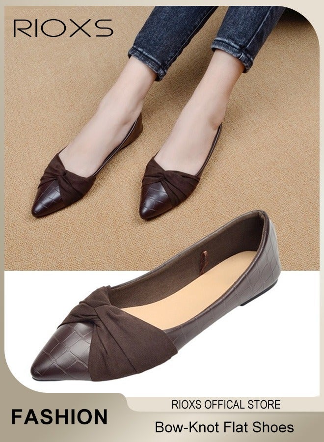 RIOXS Women's Bow-Knot Flats, Stylish Pointed Toe Flat Loafer, Chic Dress Shoes for Women, Comfort Driving Office Shoes, Ladies Ballet Flats Shoes, Wear to Work Slip On Moccasins, Flats Dressy Flatsiving Office Shoes, Dazzling Loafers Deep Brown - Image 1