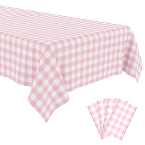 OLIVBIN 4 Pack Pink and White Checkered Tablecloth Pink Checkered Flag Tablecloth, Disposable Plastic Gingham Table Cover for Parties, Race Car Birthday Party, Birthday, Outdoor Picnic, 54 × 108 Inch - Image 1