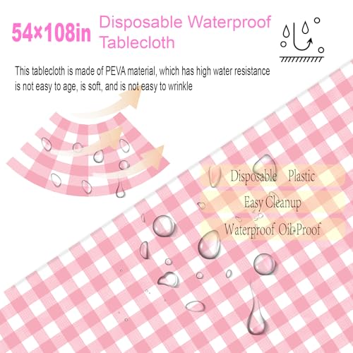 OLIVBIN 4 Pack Pink and White Checkered Tablecloth Pink Checkered Flag Tablecloth, Disposable Plastic Gingham Table Cover for Parties, Race Car Birthday Party, Birthday, Outdoor Picnic, 54 × 108 Inch - Image 3