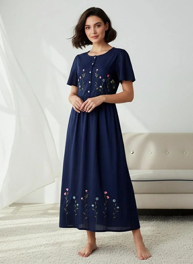 سبلاش فيڤ Night Dress Short Sleeves with Floral Embroidery Cotton