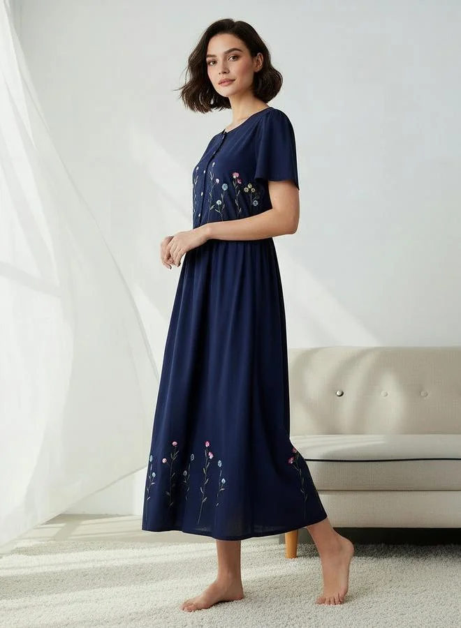 سبلاش فيڤ Night Dress Short Sleeves with Floral Embroidery Cotton