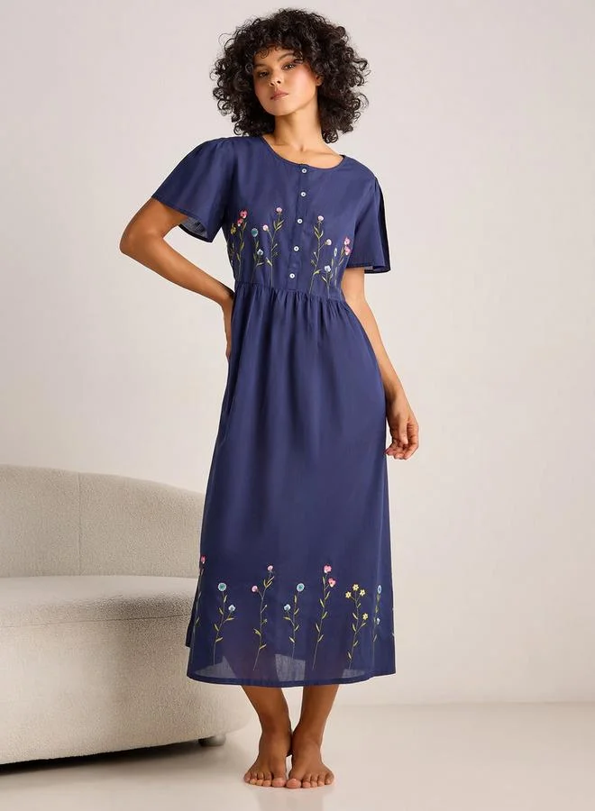 سبلاش فيڤ Night Dress Short Sleeves with Floral Embroidery Cotton