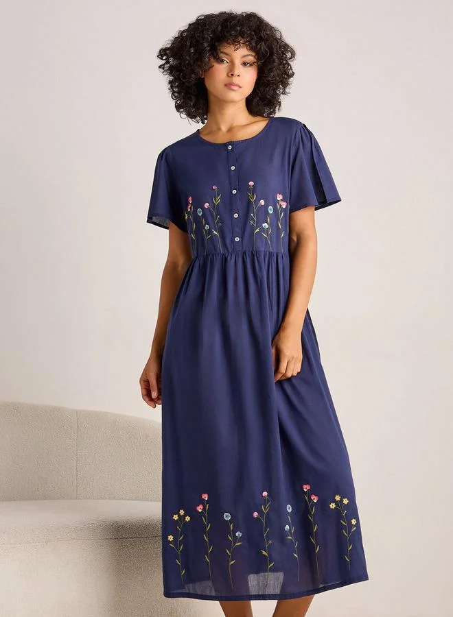 سبلاش فيڤ Night Dress Short Sleeves with Floral Embroidery Cotton