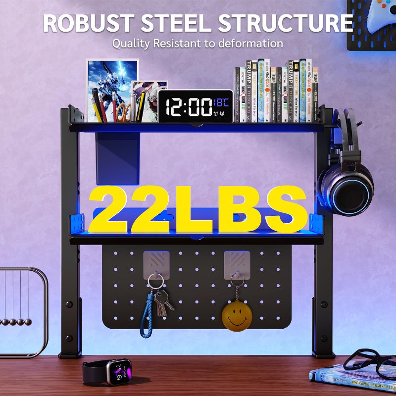 CABTE 2-Tier Metal Clamp On Desk Shelf, Adjustable 16 inch Desk Storage Shelves with Pegboard and Pencil Holder,Above or Under Heavy Duty Desktop Organizer with Headphone Holder for Desk Accessories (Black) - Image 3