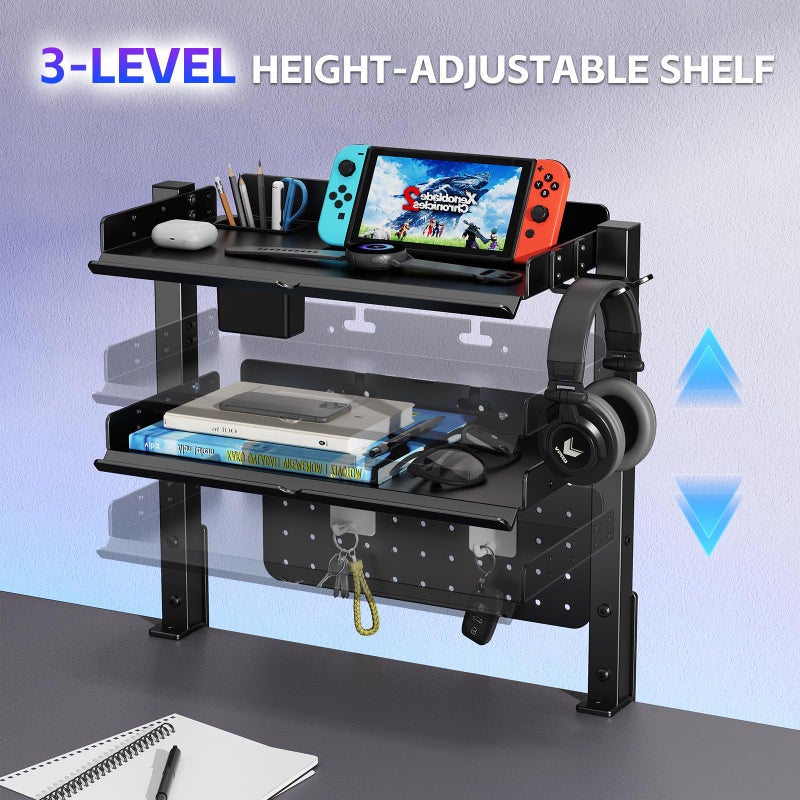 CABTE 2-Tier Metal Clamp On Desk Shelf, Adjustable 16 inch Desk Storage Shelves with Pegboard and Pencil Holder,Above or Under Heavy Duty Desktop Organizer with Headphone Holder for Desk Accessories (Black) - Image 5