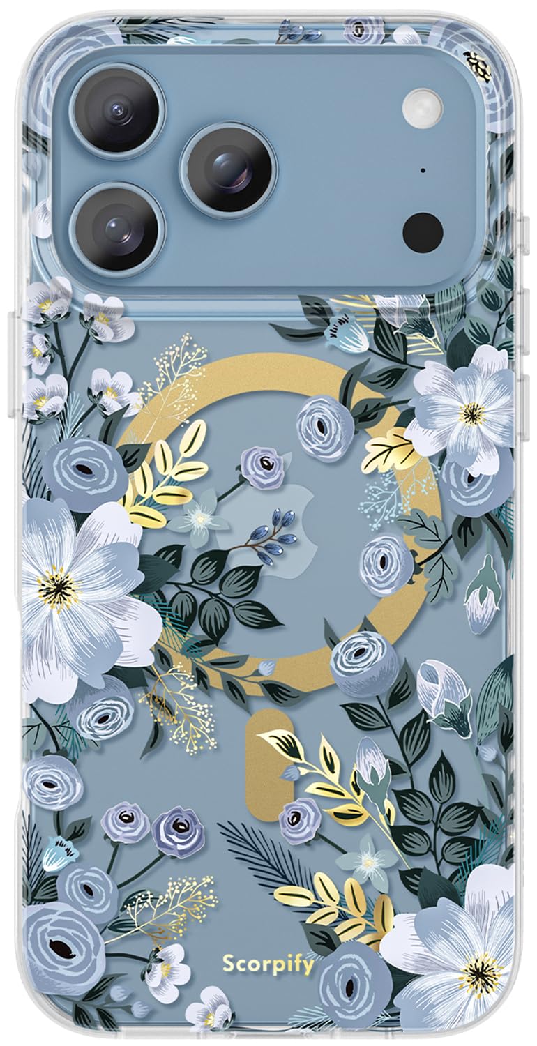 SCORPIFY for iPhone 17 Pro Max Case [Compatible with MagSafe] with Blue Nemophila Floral Design, Cute Clear Flower Magnetic Phone Cover for Women Girls,[Non Yellowing] Slim Bumper with Gold Accents - Image 1