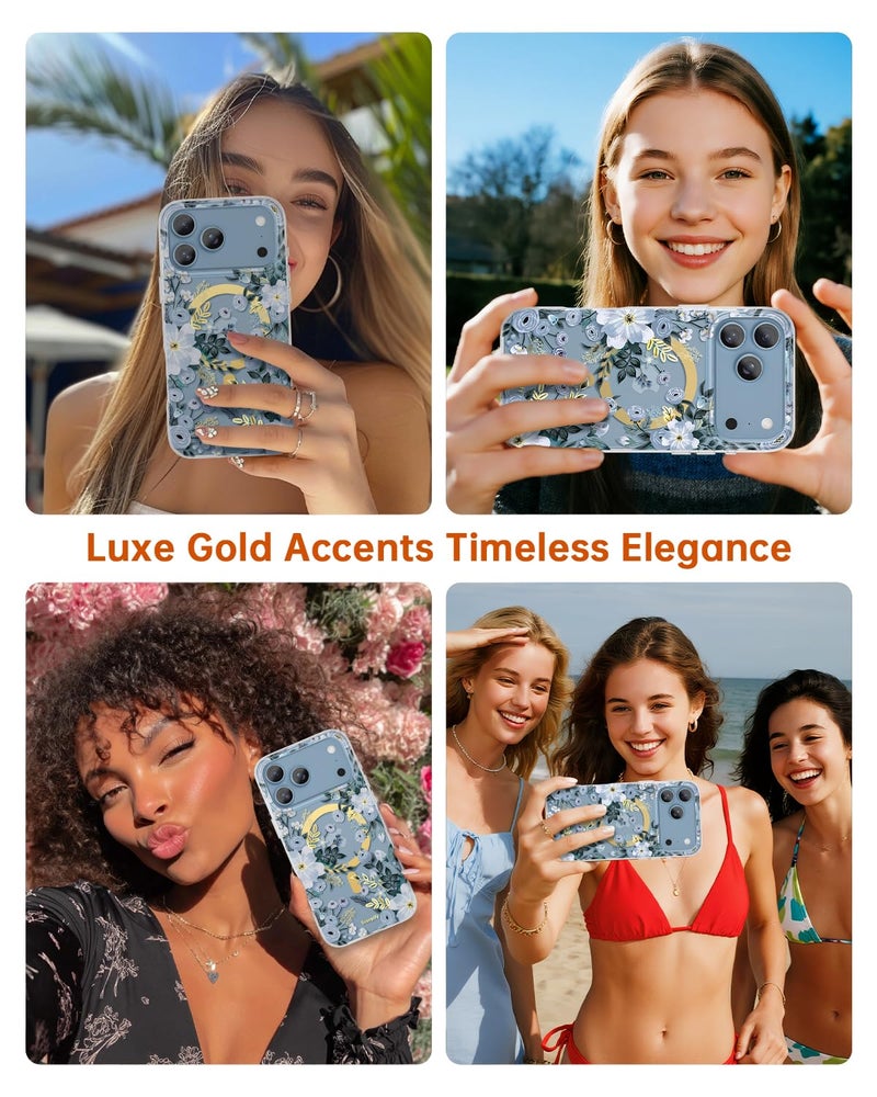 SCORPIFY for iPhone 17 Pro Max Case [Compatible with MagSafe] with Blue Nemophila Floral Design, Cute Clear Flower Magnetic Phone Cover for Women Girls,[Non Yellowing] Slim Bumper with Gold Accents - Image 5