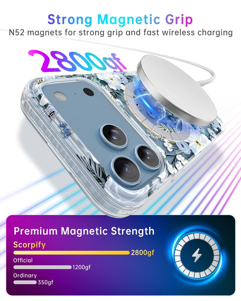 SCORPIFY for iPhone 17 Pro Max Case [Compatible with MagSafe] with Blue Nemophila Floral Design, Cute Clear Flower Magnetic Phone Cover for Women Girls,[Non Yellowing] Slim Bumper with Gold Accents - Image 4