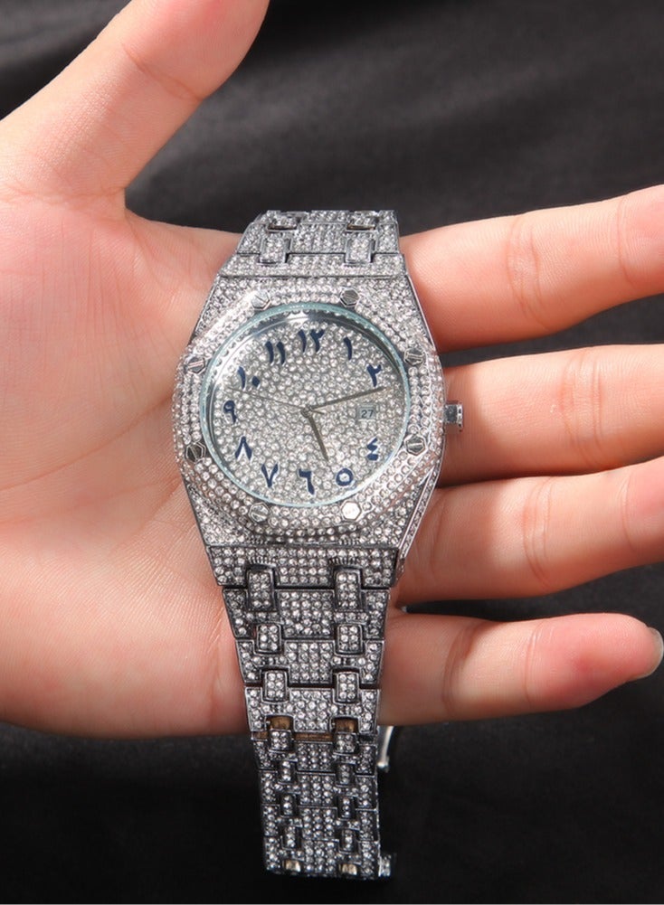 MISS FOX Men's Fully Diamond-Studded Watch Large Dial Stylish and Bold Arabic Numerals Waterproof Calendar Mineral Reinforced Glass Mirror Luxury Men's Accessory - Image 4