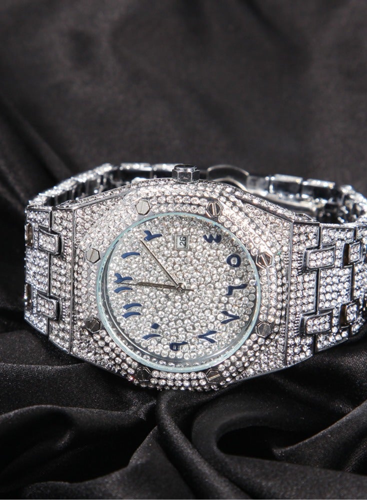MISS FOX Men's Fully Diamond-Studded Watch Large Dial Stylish and Bold Arabic Numerals Waterproof Calendar Mineral Reinforced Glass Mirror Luxury Men's Accessory - Image 5