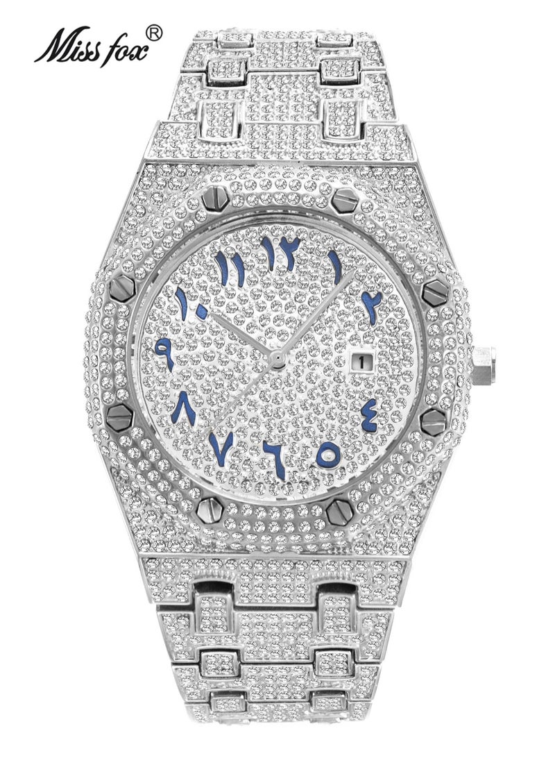 MISS FOX Men's Fully Diamond-Studded Watch Large Dial Stylish and Bold Arabic Numerals Waterproof Calendar Mineral Reinforced Glass Mirror Luxury Men's Accessory - Image 1