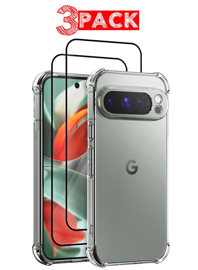 (for Google Pixel 9 Pro XL) 3 Packs TPU Case and 2 Screen Protectors Shockproof Soft TPU Bumper and Hard PC Back Case Anti-Scratch,Drop Protection,Slim Fit Gorilla Case Cover Clear