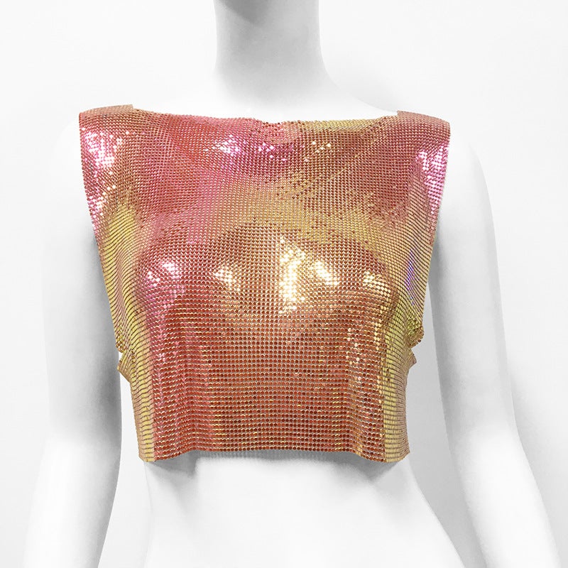 2024 Summer Cross-Border Hot Fashion and Clothing Metal One-Line Collar Sleeveless T-Shirt Personalized Hot Girl Short Top - Image 1