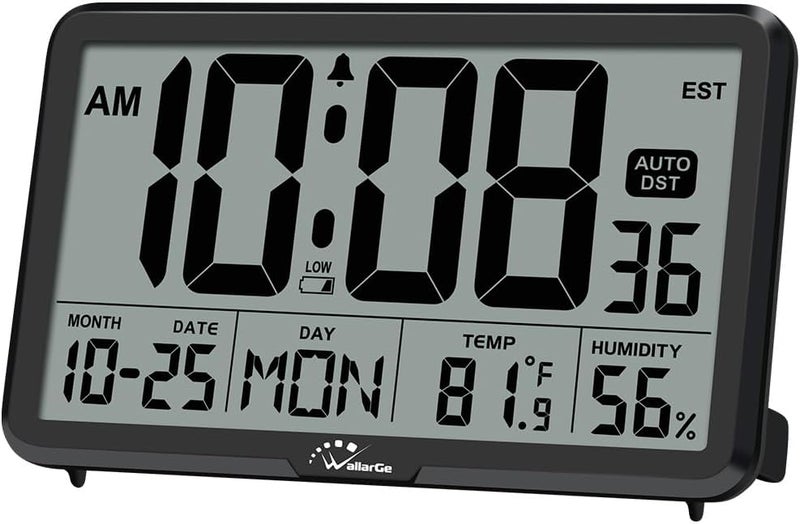 WallarGe Auto Set Digital Wall Clock Battery Operated, Desk Clocks with Temperature, Humidity and Date, Large Display Digital Calendar Alarm Clock for Elderly, Bedroom, Office, 8 Time Zone, Auto DST. - Image 1