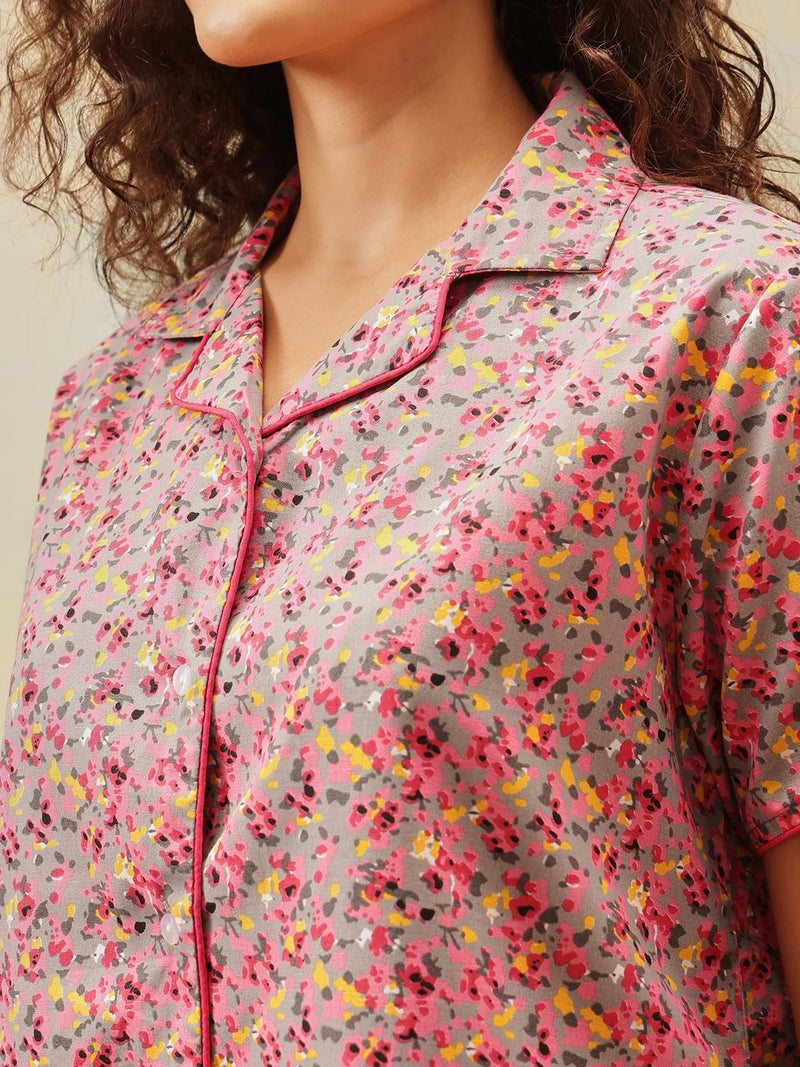 Clovia Women's Cotton Floral Printed Button Down Shirt & Pyjama Set (LS0264D14_Pink_S) - Image 5