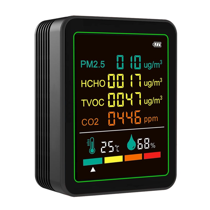 Air Quality Monitor: 6-In-One High-Precision Sensor - Black Wall-Mount Rechargeable CO2 Monitor for Indoor Home Office Real-Time Environmental Monitoring - Image 1